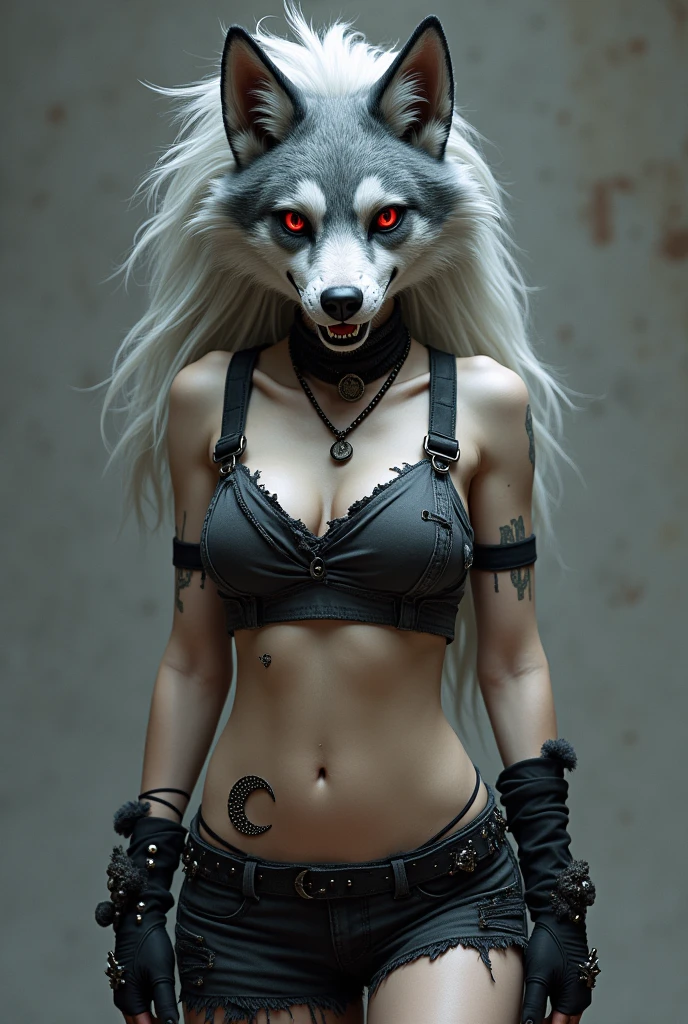 A hellhound with a wolf-like appearance. It has a pointed, dog-like snout with sharp teeth., pointed and a dark grey nose. His eyes have red sclera with white iris and he wears dark grey eyeshadow.. He has a piercing in his right eyebrow.

His fur is white with gray hair around his face., Grey patches on his shoulders and long, voluminous silver hair combed to one side revealing his dark grey ears.. Her left ear has two piercings., and on the right, a cut. She has a big bushy tail, Dark grey with white on the underside.

Her outfit features a black spiked collar.. Her tattered grey crop top, off the shoulder, It is held at the neckline by a series of crisscrossing spaghetti straps that form an inverted pentagram.. He is wearing shorts that are tattered on the shores, with a crescent moon design on the right side.

Loona wears fingerless gloves and black fingerless stockings as accessories., with its black claws protruding as a result of its digitigrade posture.