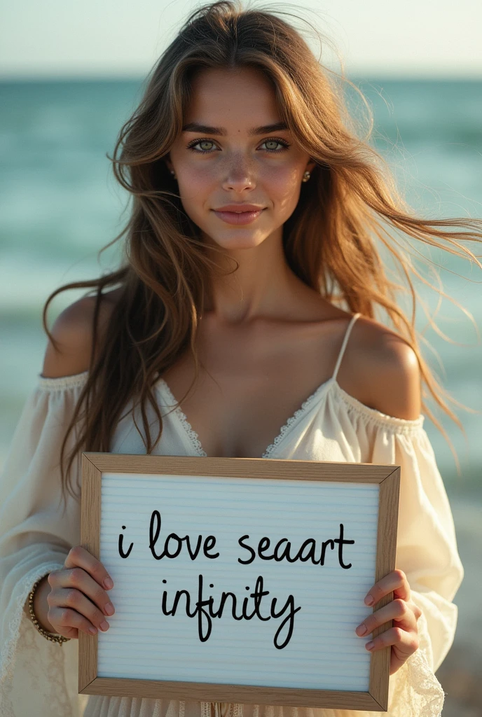 Beautiful girl with wavy long hair, bohemian dress, holding a white board with text "I Love Seaart Infinity" and showing it to the viewer