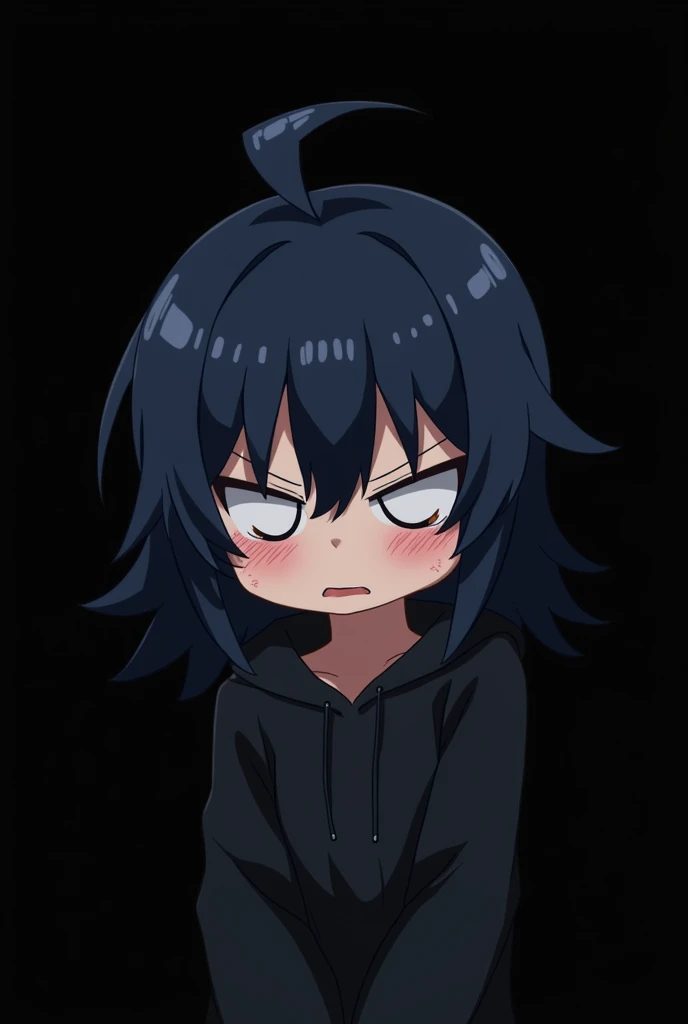 Blank Black background , involved Anime girl , dark blue hair , modern day mullet hair style , black hoodie , closed eye > < , frustrated , holds her hair , mouth slightly open , chibi
