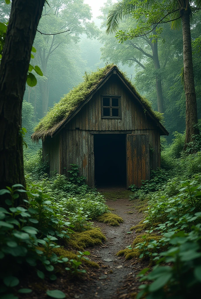 Old slave house with abandoned area in the middle of the forest, without doors or windows, roots that grew through the walls due to time