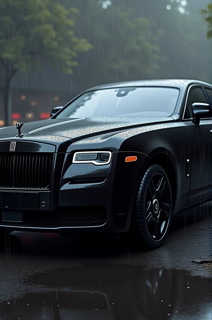 A rolls royce ghost all black colour in rain