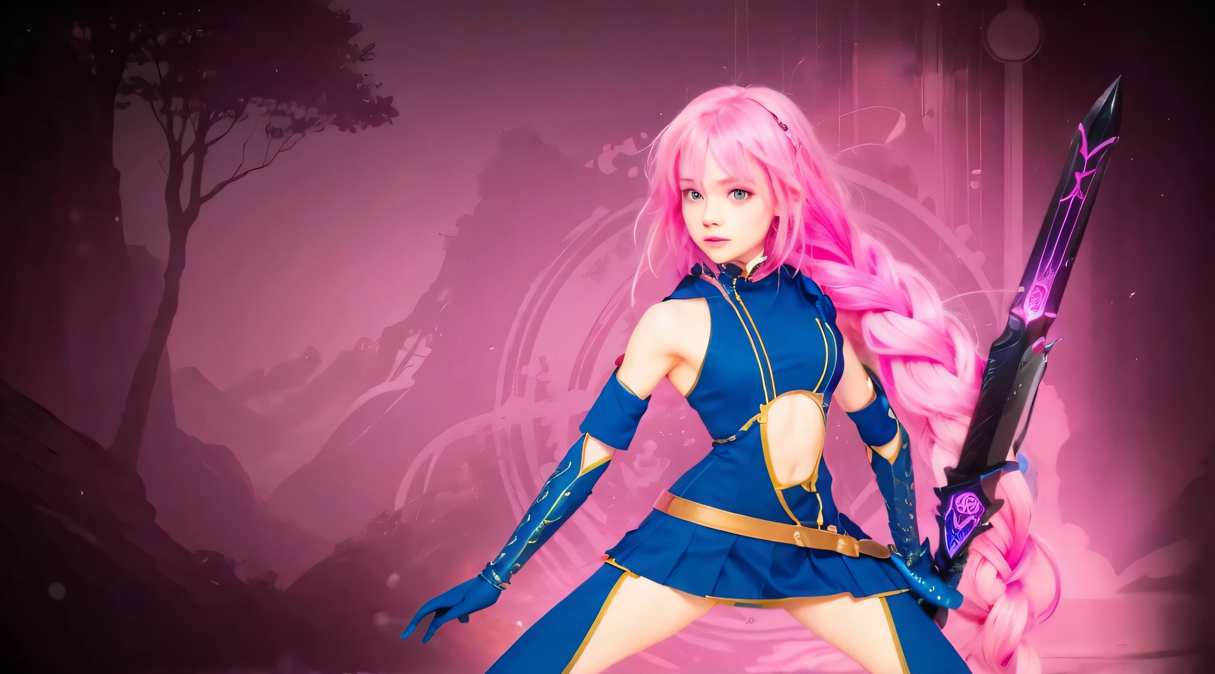 girl with braided pink hair holding a sword