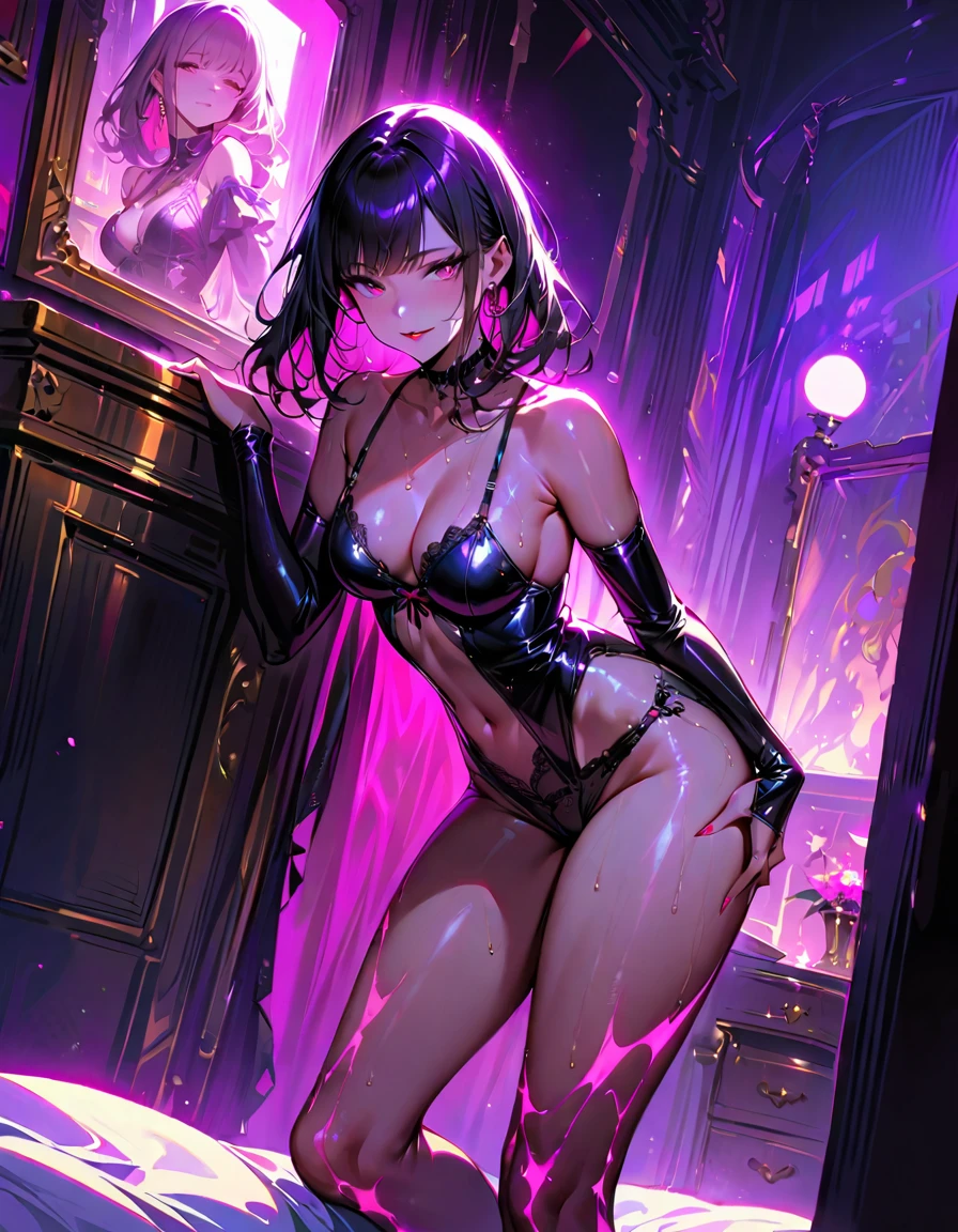 One young and beautiful woman,(Highest quality,Extremely detailed depiction,Incredible high resolution,Anatomically accurate depiction,Curvy Legs,Nice hands,Perfect Fingers,Glowing Skin,Oilskin),(High-class prostitute),Luxury Lingerie,eyelash,Flashy makeup,eye shadow,eyeliner,mascara,(Glowing purple eyes,Half-closed eyes:1.3,A seductive smile,Glossy Red Lips,Sensual pose),Sweat,background:Bedroom,Pink light,Chiaroscuro lighting