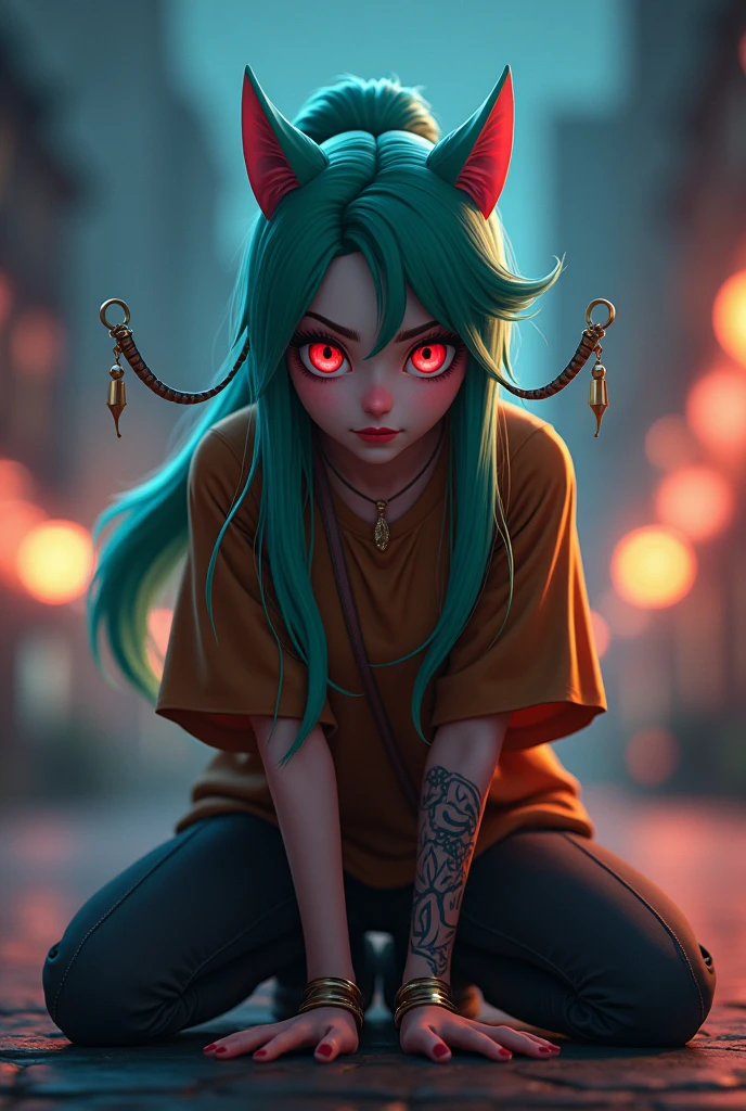 Kneel down, Get on all fours, Arcane style, Fantasy City, night, Fiery red pupils, At full height (Whole body 1.1.), Fingers clenched into fists, Middle finger gesture, explode, flash, 1 girl, Tattoo on arm, Asymmetrical bangs, Pompadour, Blue fur, Weaving, Brown shirt, Nube de Tattoos, Look at the audience, Mad Hatter, Uneasy expression, night, City, Green fur, Long hair, In your stomach, Pink Eyes, Red lips, shirt, Solitary, permanent, Tattoo, twin Weavings, Upper body, Lasso against the eye, eye \(League of Legends\), Fondo de pantalla CG unity 8k Extremely detailed, Detailed light, Cinematography lighting, Chromatic Aberration, sparkling, Poker face, Epic creation, Dark background, Cherecter Design, Very detailed, Detailed body, energetic, Detailed face, Clear focus, Animation Art, energetic, Detailed face, Holiday details, Clear focus, Facial sagging, Detailed eyes, Super beautiful illustrations, The best shadow, Detailed, Exquisite and detailed glow, Exquisite and detailed, Extremely detailed, Poker face, Epic creation, Art Station Selection, Octane Rendering, Art Station HD, Cinematography, 4K., Ultra Minimalists, elegant