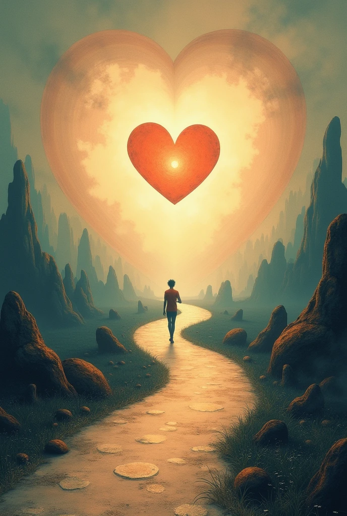 an abstract surrealist photography style illustration of a beautiful path with a radiant heart at the end in 1920x108 dimension