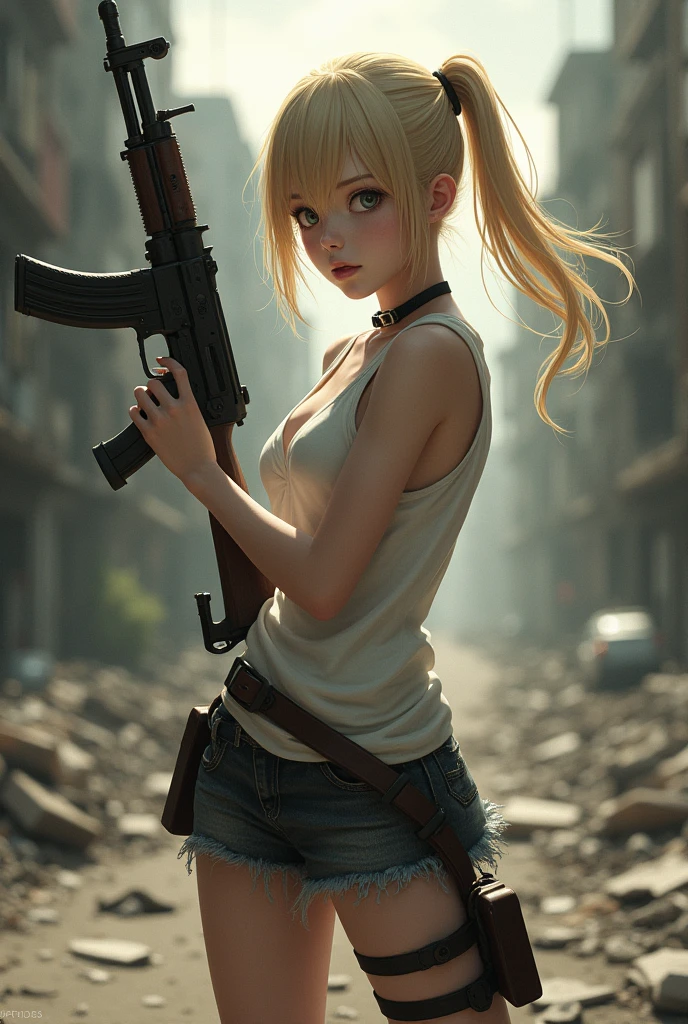 Beautiful anime blond girl shooting UP with AK-47