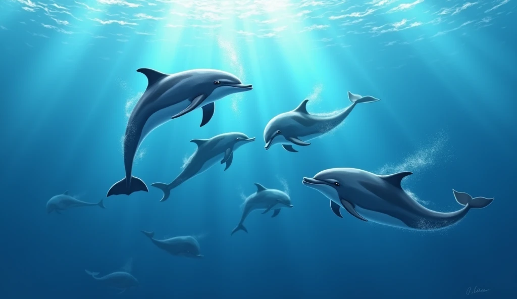 Deep in the ocean, dolphins leap,
Playing games in the blue so deep.
They chat and sing with clicks and squeaks,
Having fun, day after weeks.