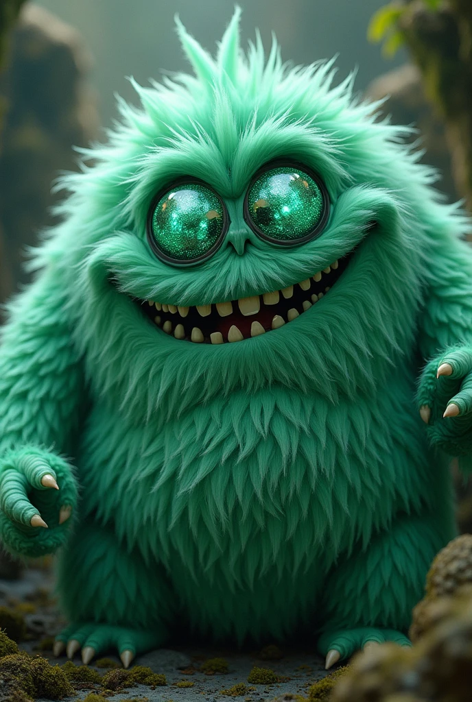 has the villain oogi boogie from the strange world of jack but with the skin is mint green fur and the eyes made of diamonds of the same color He is happy