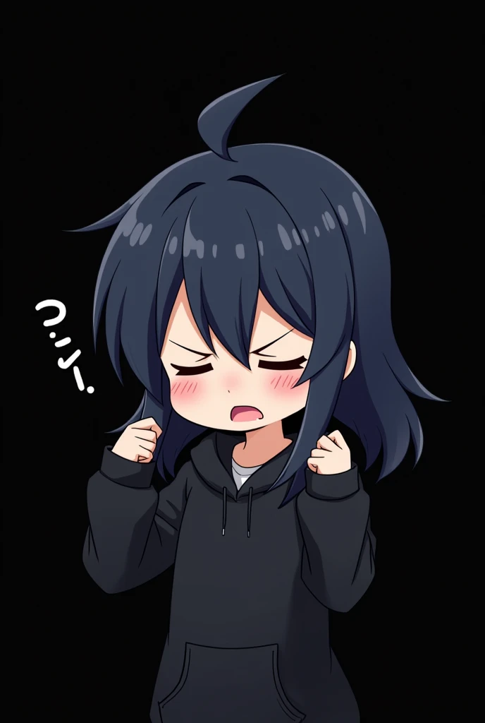 Blank Black background , involved Anime girl , dark blue hair , modern day mullet hair style , black hoodie , closed eye > < , frustrated , holds her hair , mouth slightly open , chibi
