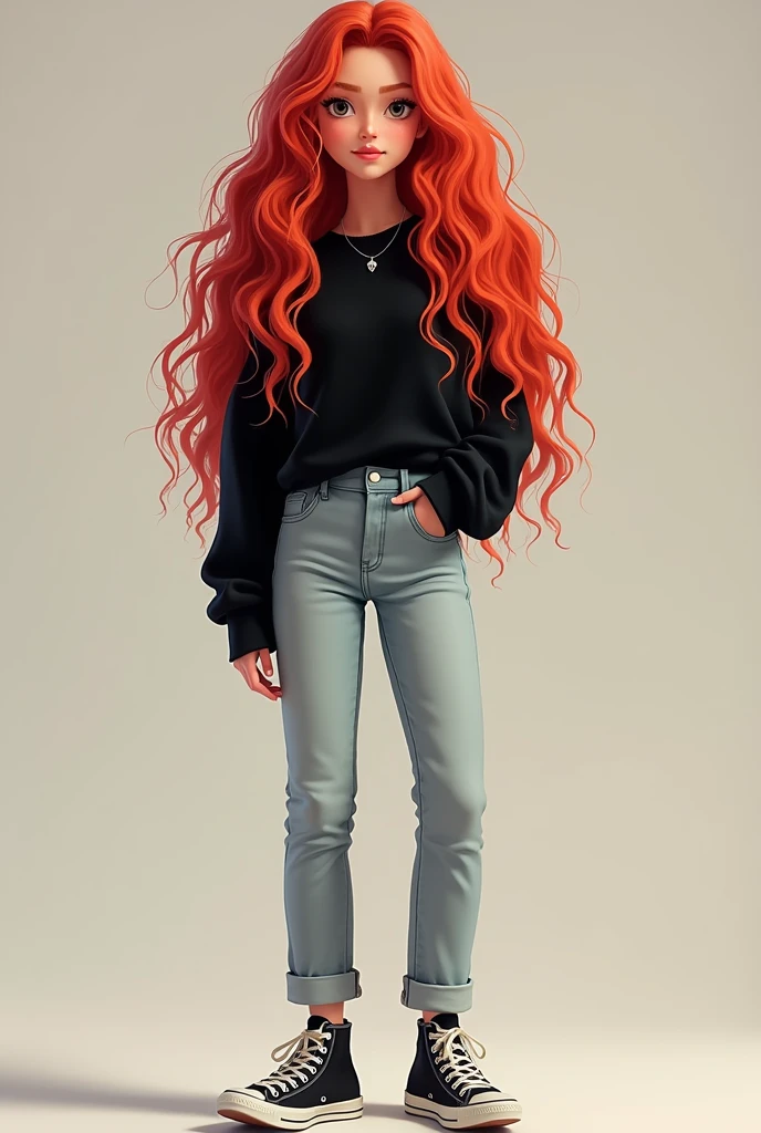 A 20-year-old woman in digital art style smiling without showing her teeth with long wavy and curly hair in a mix of red and white wearing a black sweater and light jeans covering some of her black All Star sneakers I want the whole body to appear