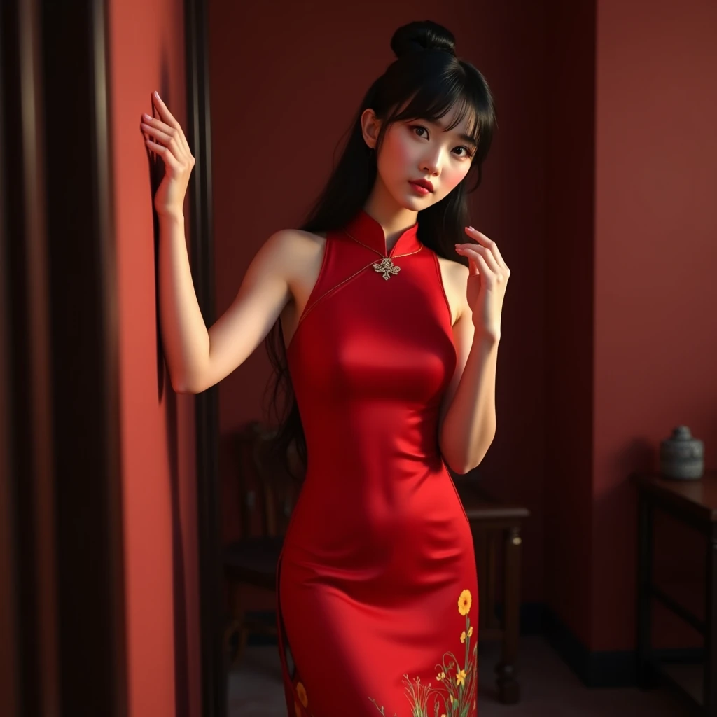 2 Asia sexygirl modeling,with smooth skin,Bangs,black hair,hair bun,(beautiful bra, C shape),wearing a [red] [chinese Cheongsamred dress, standing in a room with reddish-brown walls. She leans against the wall, reaching out to touch dark-colored curtains. The dress has vibrant colors at the hem, complementing the red,The most realistic picture.