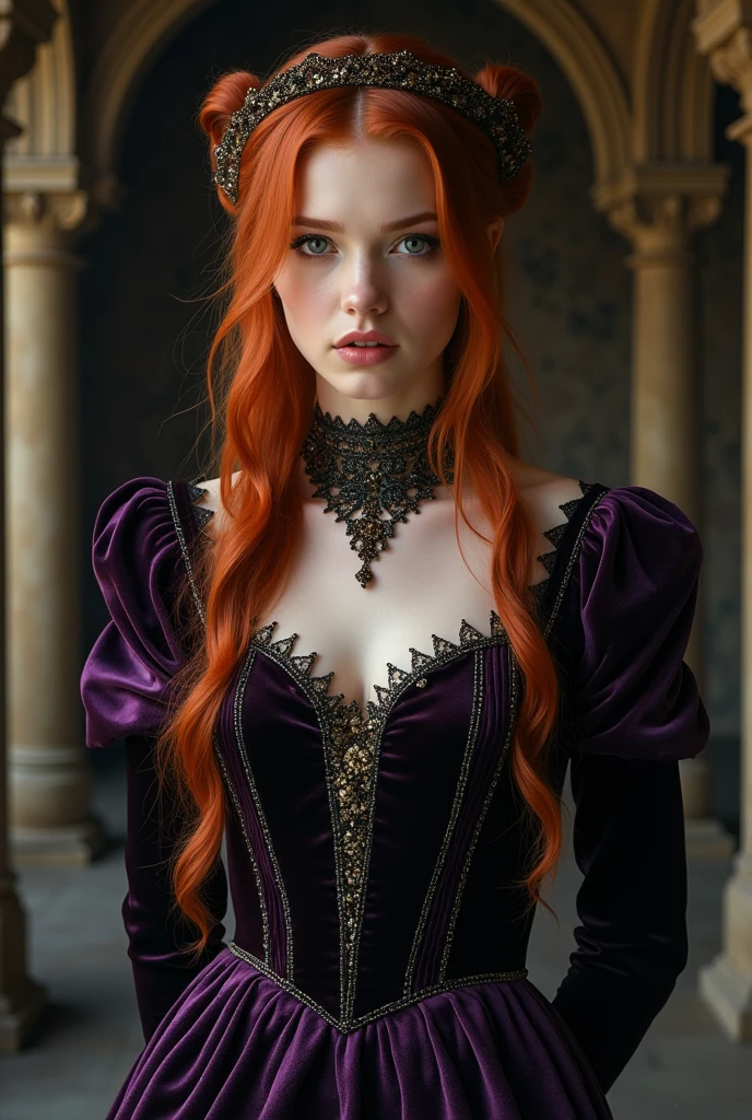 painting of a strangled red-haired woman in a black dress, Art style by John Collier, Maiden with copper hair, style by Karol Bak, uma jovem Redhead, Portrait of a young witch, No art style by Bowater, Directed by: Roberto Lenkiewicz , Geraldo Brom, Alberto Lynch, portrait of Princess Merida, David Sim, Red-haired girl in a palace in shadows, black and purple velvet dress with a kokoshnic, luxurious gypsy clothing, head ornament, lace choker, First work, highest quality, (single), (perfect face: 1.3), (high detail: 1.2), dramatic, 1 girl, angel, (pale skin), long red hair, dark red hair, (huge breasts), light eyebrows, long hair, night, purple and black medieval gypsy costume, lots of jewelry, head decoration, brown eyes, covered navel, sensual lips, with a non-straight line, (arms behind the back: 1.4), Covered, Background detailed palace, Art by Artgerm and Greg Rutkowski, cinematic lighting, fashion, Balenciaga, Alexandre McQueen, Glitter, coppery red hair, coppery red hair, red hair, Redhead woman, pretty red hair, Redhead, pale skin, grease bottle , big lips, juicy lips beautiful lips, pretty eyes, chubby cheeks, round face, chubby young man, chubby teenager, Chubby, fat, woman with chubby body, chubby woman