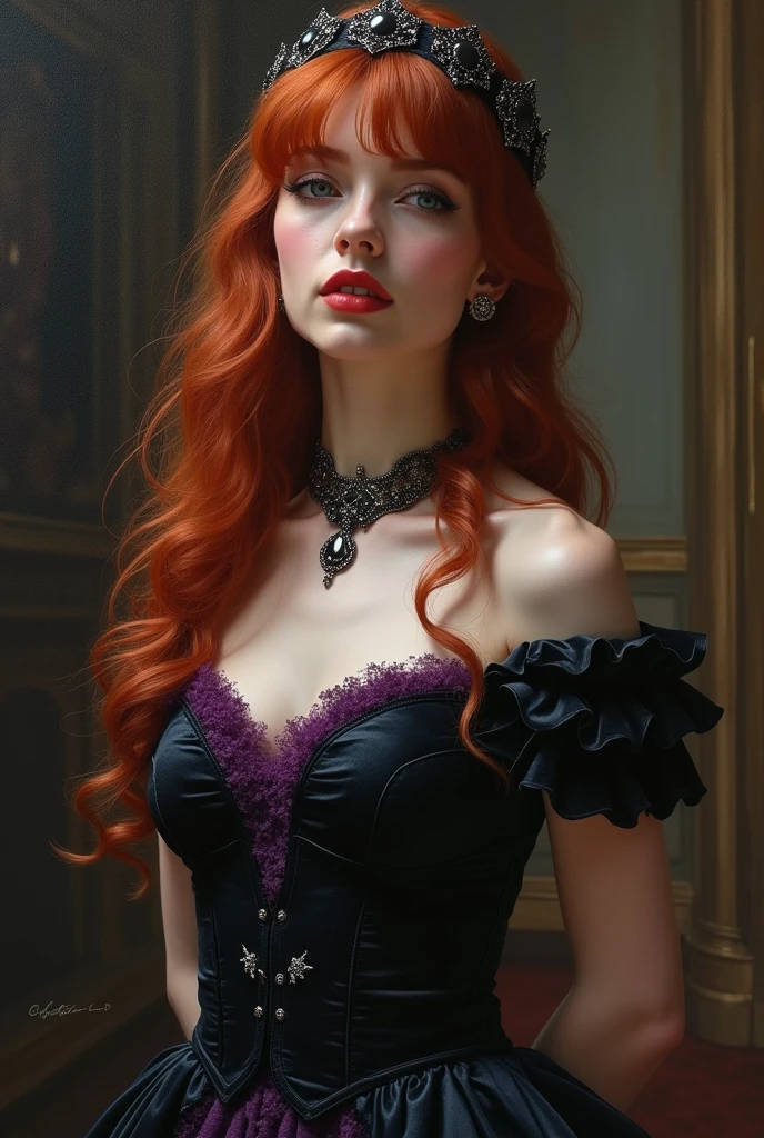 painting of a strangled red-haired woman in a black dress, Art style by John Collier, Maiden with copper hair, style by Karol Bak, uma jovem Redhead, Portrait of a young witch, No art style by Bowater, Directed by: Roberto Lenkiewicz , Geraldo Brom, Alberto Lynch, portrait of Princess Merida, David Sim, Red-haired girl in a palace in shadows, black and purple velvet dress with a kokoshnic, luxurious gypsy clothing, head ornament, lace choker, First work, highest quality, (single), (perfect face: 1.3), (high detail: 1.2), dramatic, 1 girl, angel, (pale skin), long red hair, dark red hair, (huge breasts), light eyebrows, long hair, night, purple and black medieval gypsy costume, lots of jewelry, head decoration, brown eyes, covered navel, sensual lips, with a non-straight line, (arms behind the back: 1.4), Covered, Background detailed palace, Art by Artgerm and Greg Rutkowski, cinematic lighting, fashion, Balenciaga, Alexandre McQueen, Glitter, coppery red hair, coppery red hair, red hair, Redhead woman, pretty red hair, Redhead, pale skin, grease bottle , big lips, juicy lips beautiful lips, pretty eyes, chubby cheeks, round face, chubby young man, chubby teenager, Chubby, fat, woman with chubby body, chubby woman