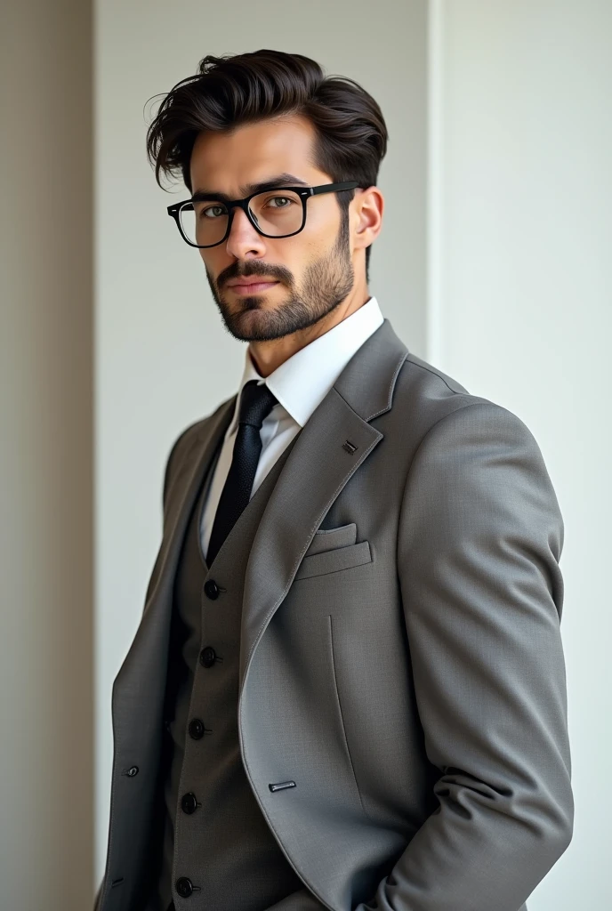 a man in a suit, wavy and tidy hair, with black prescription glasses, young man