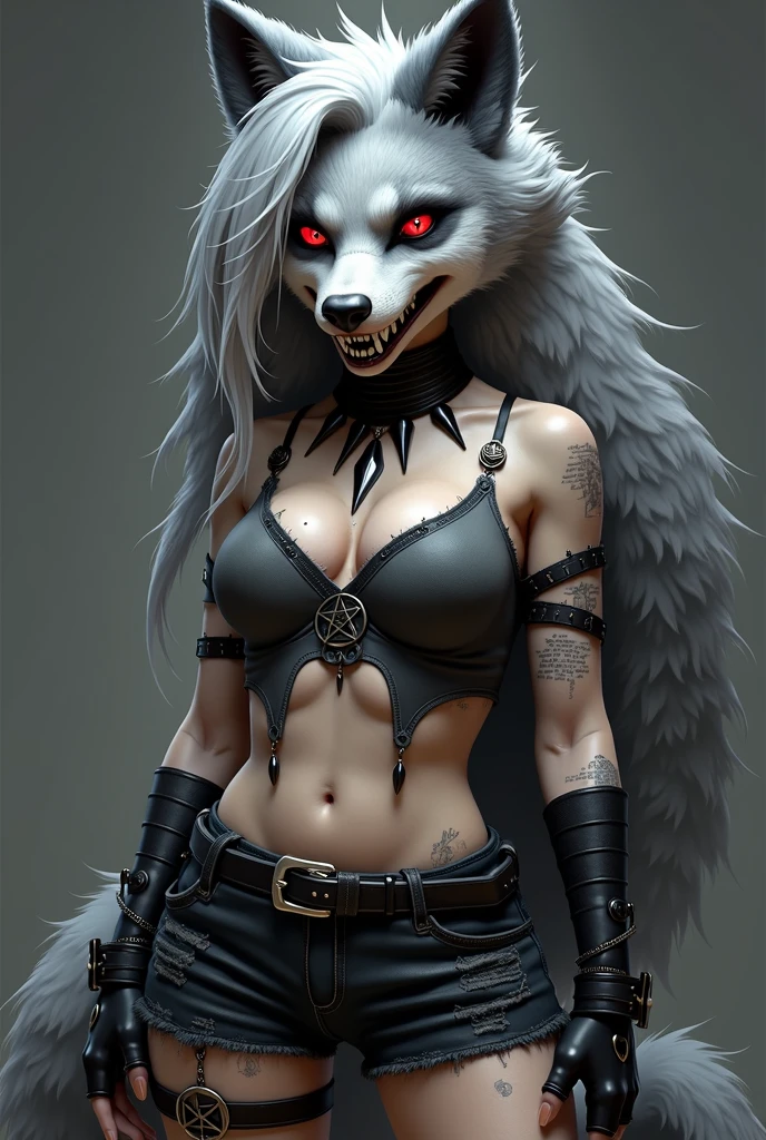 A hellhound with a wolf-like appearance. It has a pointed, dog-like snout with sharp teeth., pointed and a dark grey nose. His eyes have red sclera with white iris and he wears dark grey eyeshadow.. He has a piercing in his right eyebrow.

His fur is white with gray hair around his face., Grey patches on his shoulders and long, voluminous silver hair combed to one side revealing his dark grey ears.. Her left ear has two piercings., and on the right, a cut. She has a big bushy tail, Dark grey with white on the underside.

Her outfit features a black spiked collar.. Her tattered grey crop top, off the shoulder, It is held at the neckline by a series of crisscrossing spaghetti straps that form an inverted pentagram.. He is wearing shorts that are tattered on the shores, with a crescent moon design on the right side.

Loona wears fingerless gloves and black fingerless stockings as accessories., with its black claws protruding as a result of its digitigrade posture.
