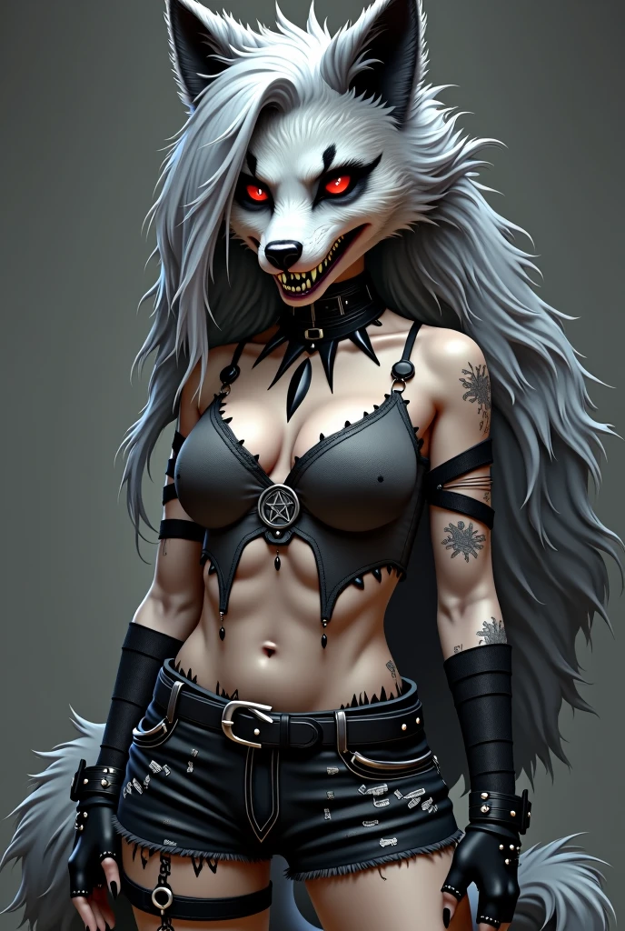 A hellhound with a wolf-like appearance. It has a pointed, dog-like snout with sharp teeth., pointed and a dark grey nose. His eyes have red sclera with white iris and he wears dark grey eyeshadow.. He has a piercing in his right eyebrow.

His fur is white with gray hair around his face., Grey patches on his shoulders and long, voluminous silver hair combed to one side revealing his dark grey ears.. Her left ear has two piercings., and on the right, a cut. She has a big bushy tail, Dark grey with white on the underside.

Her outfit features a black spiked collar.. Her tattered grey crop top, off the shoulder, It is held at the neckline by a series of crisscrossing spaghetti straps that form an inverted pentagram.. He is wearing shorts that are tattered on the shores, with a crescent moon design on the right side.

Loona wears fingerless gloves and black fingerless stockings as accessories., with its black claws protruding as a result of its digitigrade posture.