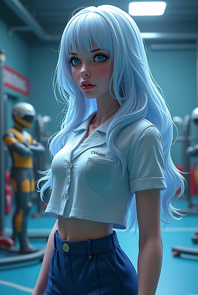 generates a Marvel Comics style image of a young DIAMOND statue of a young woman about 1, with long hair and bangs, wearing a college uniform in a training room