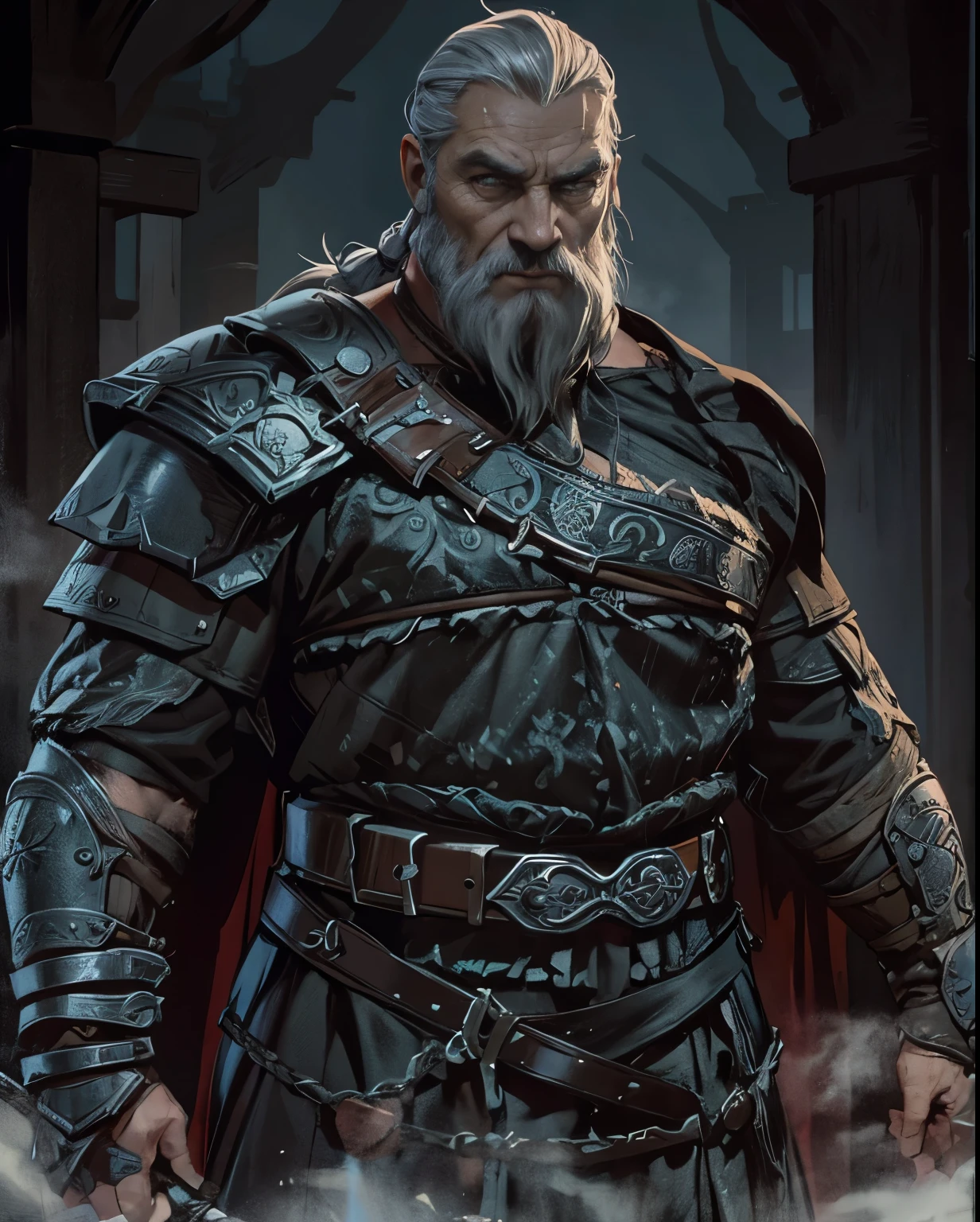 "A dark, biblical-style illustration of a 50-year-old Viking with a very short grey beard and grey hair tied in a ponytail. He has a tough, hard expression and exudes strength and determination. He wears traditional Viking armor and stands with a commanding presence, depicted in the dramatic, intricate style of Gustave Doré --ar 1:1"
