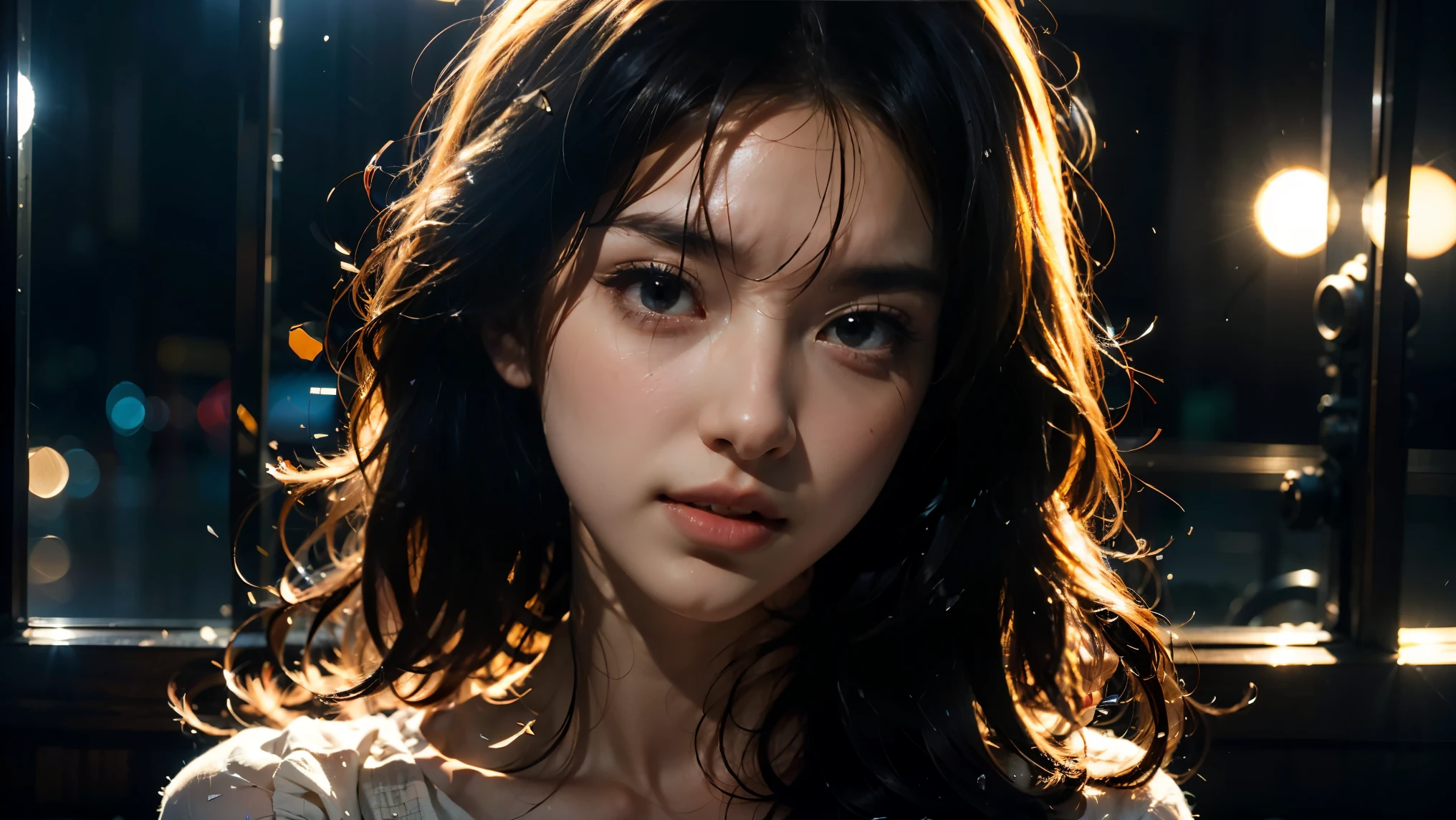 a beautiful girl crying, tears streaming down her face, soulful expression, long wavy hair, delicate features, lace dress, broken glass, shattered heart, dimly lit, muted colors, cinematic lighting, portrait, emotional, dramatic
