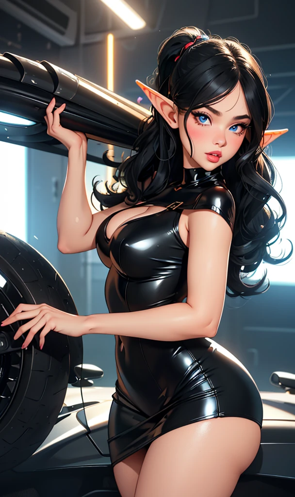 score_9, score_8_up, score_7_up, score_6_up, score_5_up, 1girl, solo, black hair, wavy hair, long hair, blue eyes, glowing eyes, sultry eyes, juicy lips, plump lips, glossy lips, soft blush, dolly face, small elf ears, eyelashes, eyeliner, large breasts, thick ass, pale skin, black latex dress, ((short dress)), standing sensual, posing sensual, realistic background, cinematic lightning, very detailed clothes, very detailed face, very detailed eyes, very detailed hair, ultra, best quality, masterpiece, looking at viewer, in love with the viewer.