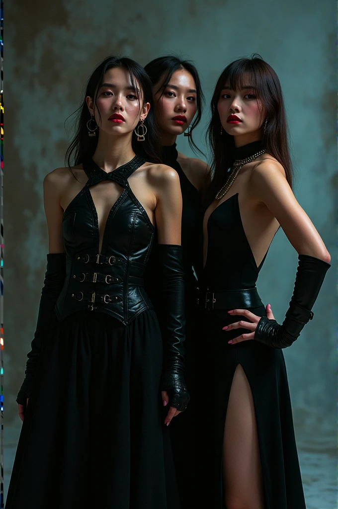 I'm taking photos for a new concept album. Create concept photos of girl groups posing with "drama" style outfits