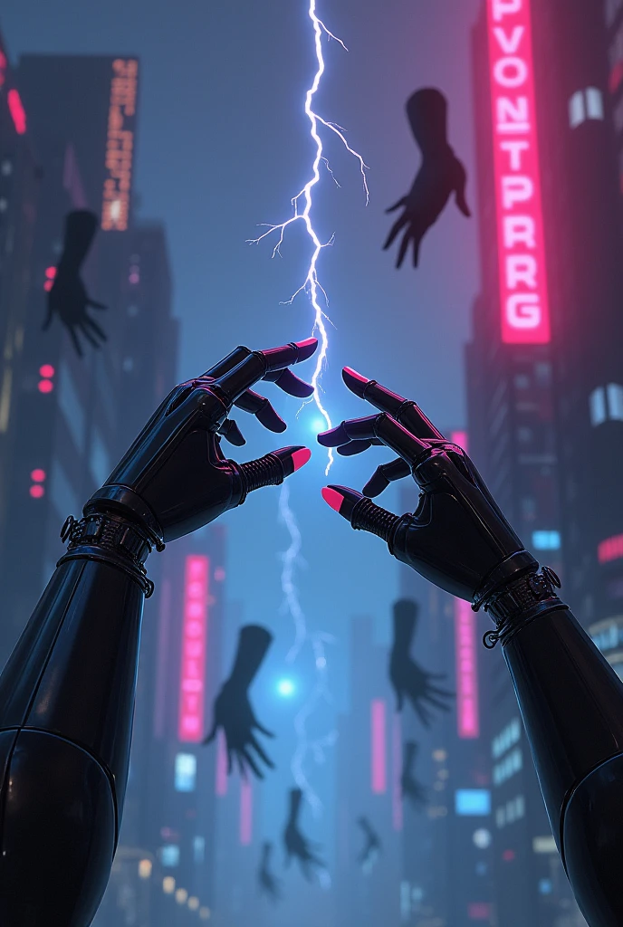 2 robotic arms trying to reach to eachother with neon lights reflection on their metal skin.cyberpunkish and the arms features like a human hand. Fregile and one girlish one hand of a man. Like a digital painting. Not so realistic. Representing horror and terror. Kinda sad environment. Each hands shoud have 5 fingers. They're trying to touch eachother but a neon electricity is made between them when they wanna do that. More pink and blue neon lights rather than red. More anime painting like.with neon futuristic building and banner in the background.  With other floatinf hands in the air. All hands should be black metal robotics. Darker background. More beautiful arms long fingers and fregile with 5 fingers like a human hands each. No nails. both hands having longer fingers like a claw. Much Longer fingers. Not so realistic. Like a waterbrush paiting