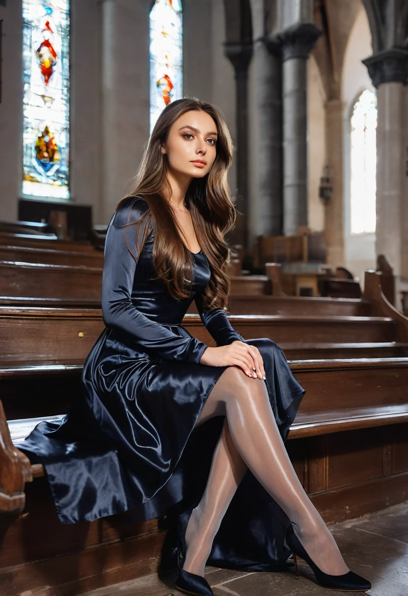 young brunette woman, beautiful eyes. long brown hair. Kuezes dress in shiny satin, Tights, 项链, transparent lip gloss, narrow building, Pretty, 2, Full body photo, long legs, Satin top, Sitting in a church and looking around, looks stunning. is enthusiastic