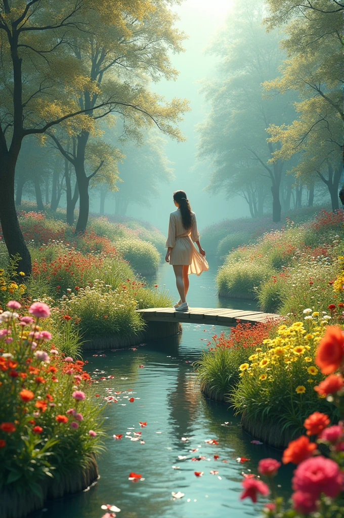 Create a 4k image of woman visiting garden full of red yellow and pink flowers and a small river and a bridge 