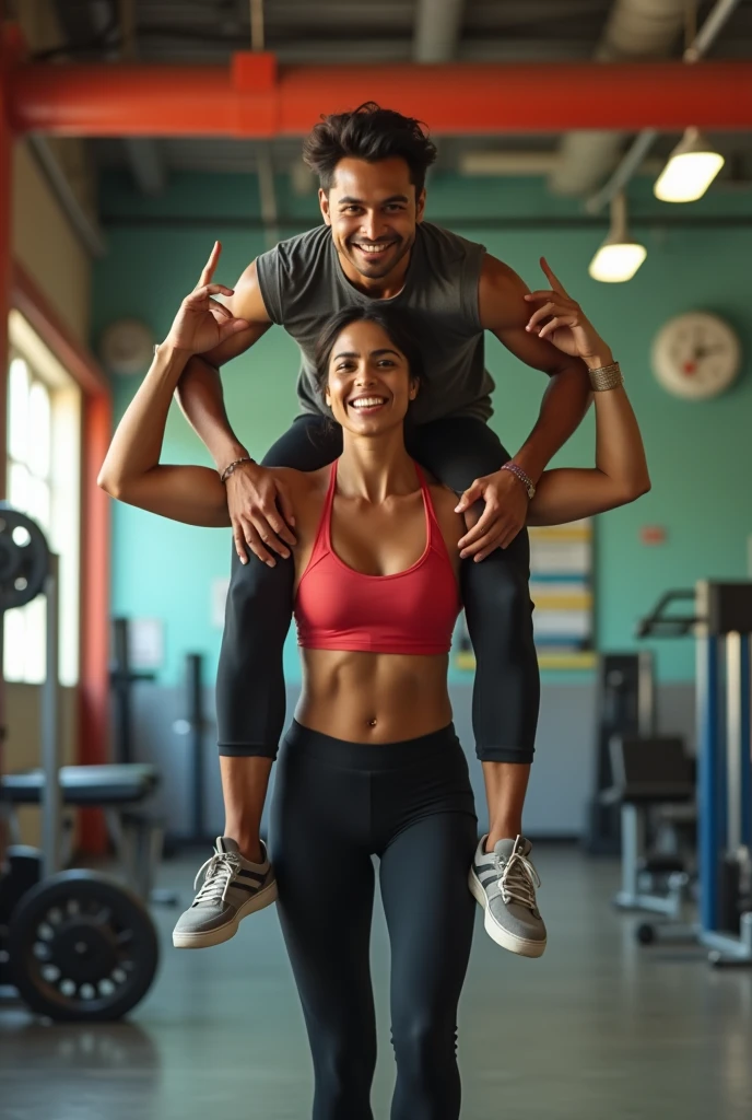 a smiling and beautiful indian actress in gym outfit carrying a large chubby man on her shoulders in a gym, man is sitting on top of her shoulders , man on top, woman at bottom