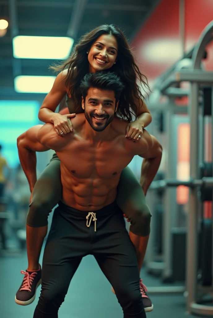  a smiling and beautiful indian actress in gym outfit carrying a large chubby man on her shoulders in a gym, man is sitting on top of her shoulders , man on top, woman at bottom 