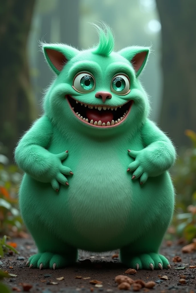 has the villain oogi boogie from the strange world of jack but with the skin is mint green fur and the eyes made of emerald of the same color He is happy