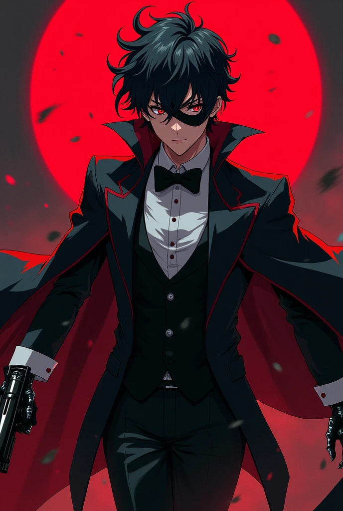 Clear! Here is a description of what the character could look like in anime style: 1. **hair**: I might have dark, messy hair, with pointed tips resembling flames or shadows, giving it a dynamic and powerful look. 2. **CLOTHES**: He would wear a long, dark cloak, maybe with red details, that floats dramatically around him. stylized in the shoulders and arms. 3. **Accessories**: I could wear a pair of gloves with shiny details, and maybe a mask that covers part of your face, adding a mysterious air. 4. **Posture**: I would be in an action pose, with arms outstretched, as if he were invoking power or controlling dark elements. 5. **bottom**: A dark background or red and black tones, that highlights the contrast with the character, giving a feeling of intensity and strength. He is young in a tuxedo and has a Tommy gun.