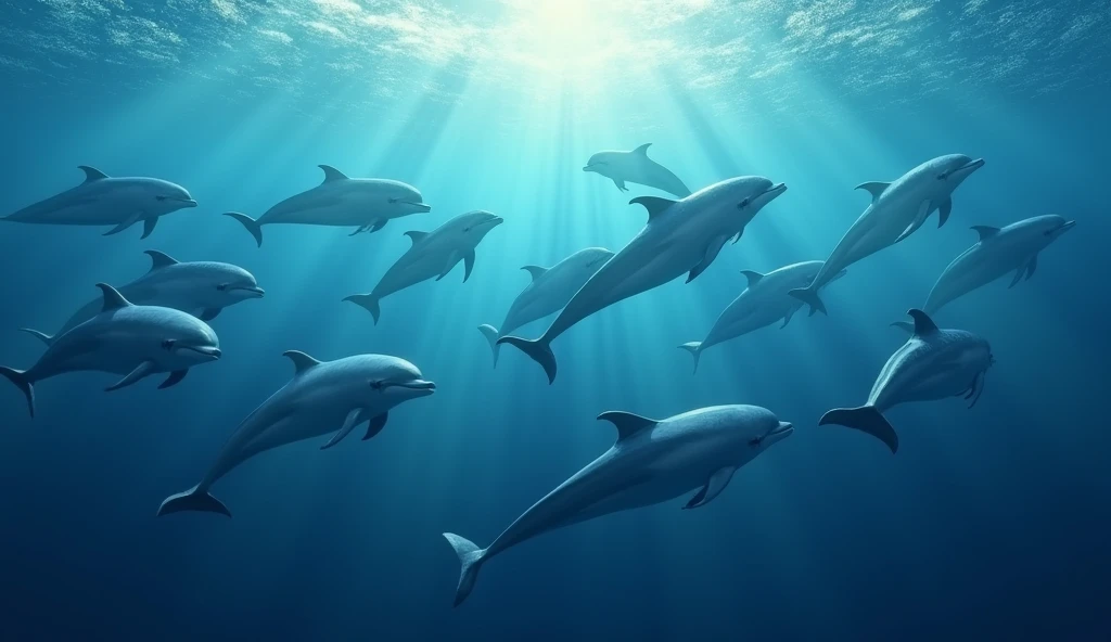 Deep in the ocean, 15 dolphins leap,  
Playing games in the blue so deep.  
They chat and sing with clicks and squeaks,  
Having fun, day after weeks.