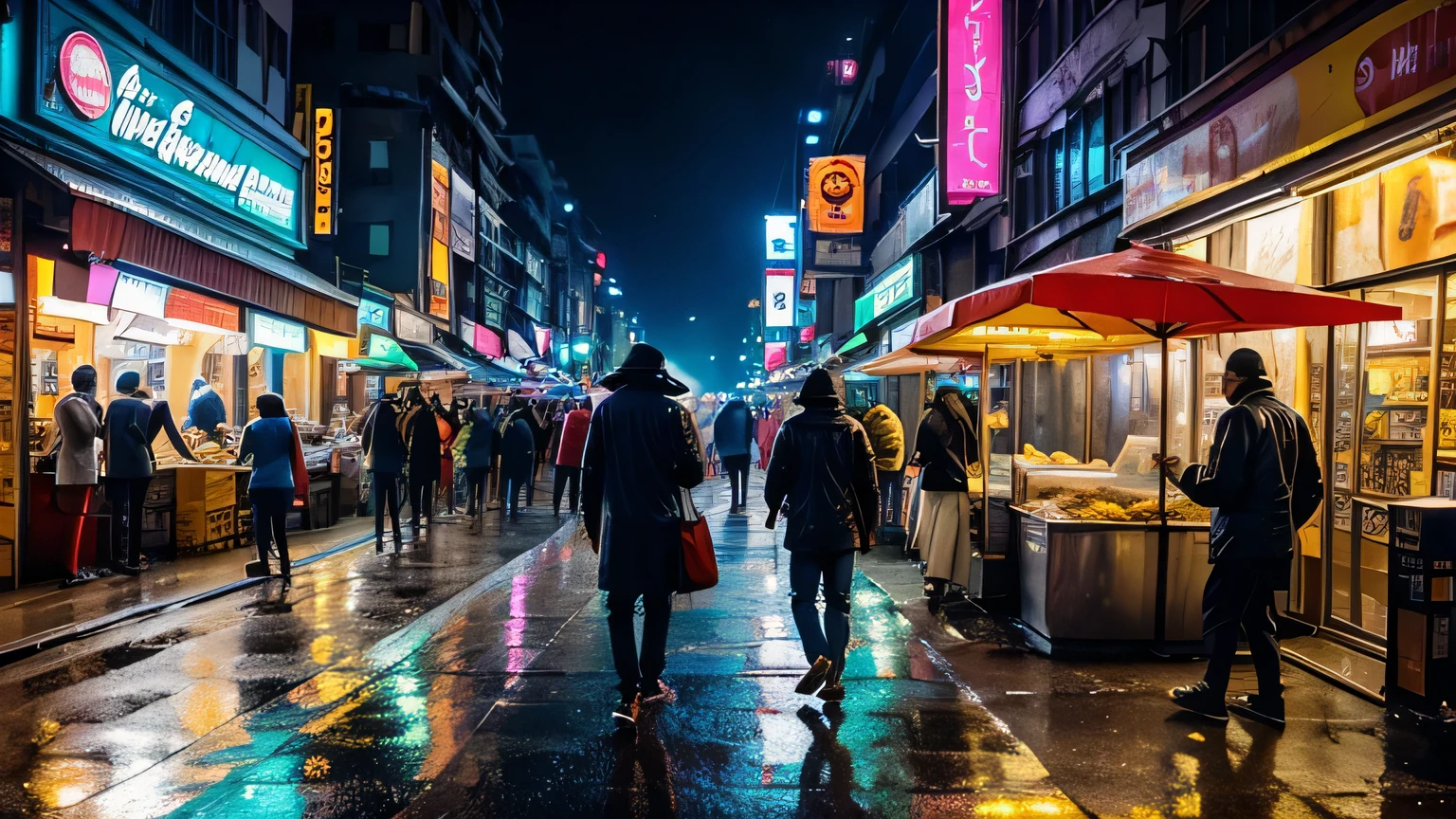 A futuristic cityscape at night, with a light rain falling from the sky. The streets are filled with a chaotic rush of people, some walking, others standing under awnings or umbrellas.
On one corner, a small food shop stands out - (Taste of India & USA) reads the sign in Hindi and English, with a neon-lit facade showing images of spicy curries and juicy burgers. The shop is bustling with customers, some eating at outdoor tables, others taking food to go.
Among the crowd, some individuals stand out - a cyborg with glowing blue eyes and metallic limbs, a drunk man stumbling with a bottle in hand, and a few street cats and dogs scavenging for food. Nearby, a dustbin overflows with trash, and a holographic advertisement flickers above it, adding to the city's neon glow.
The city's skyscrapers rise up in the background, their peaks hidden in the misty rain. The air is thick with the smells of street food, ozone, and wet pavement. The sound of raindrops hitting the pavement fills the air.