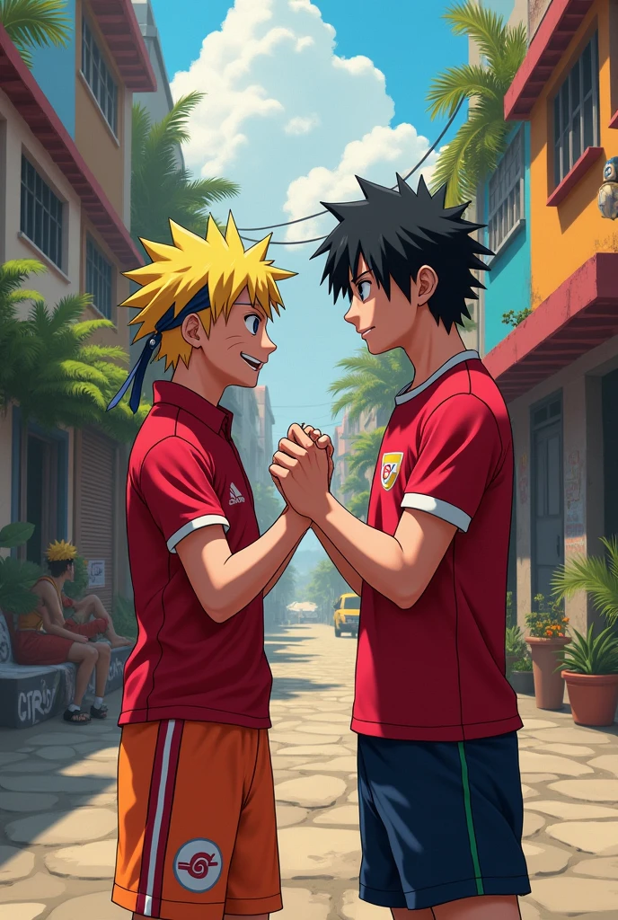 Naruto Uzumaki wearing a Flamengo shirt holding Sasuke Uchiha&#39;s hand, que usa um shorts e um cropeed, in a favela in Rio de Janeiro
