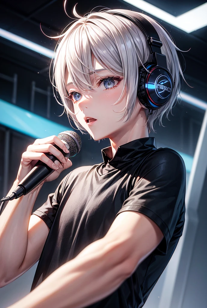 Silver Hair Short、Man with slanted eyes、sing、microphone、Black Shirt、headphone