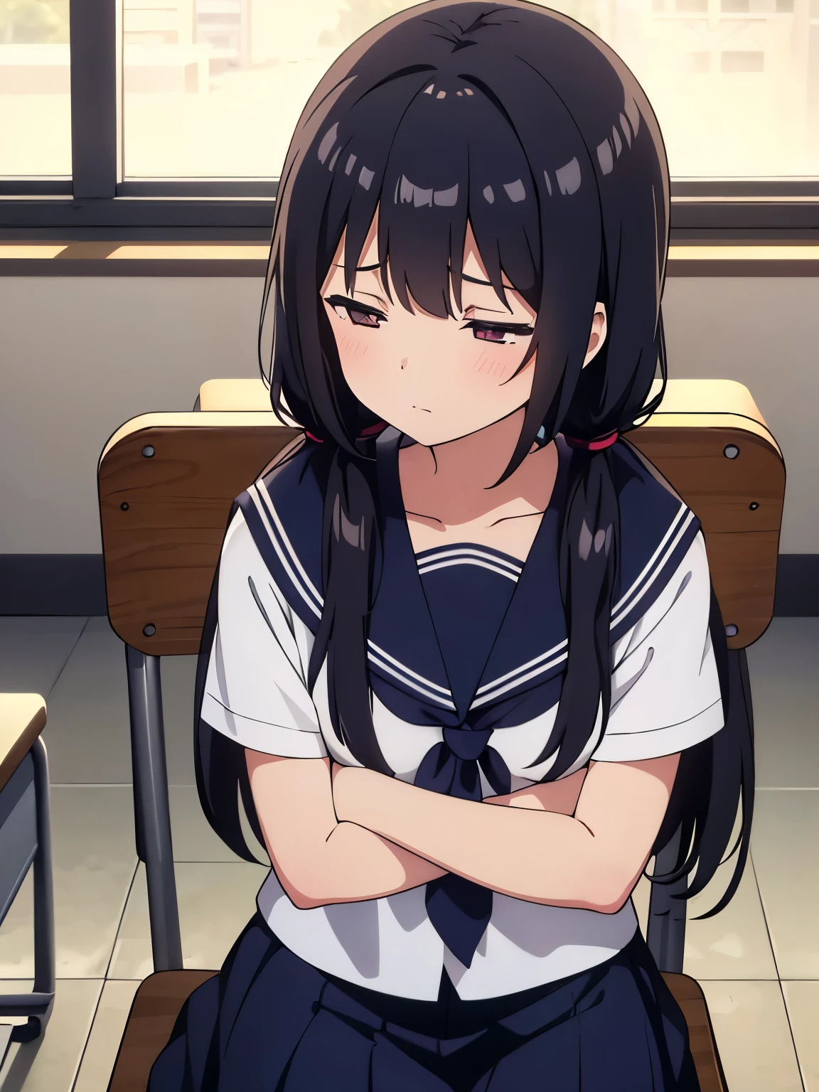 1girl, sitting, (looking away, looking down), ****,
classroom, indoors, school chair, school desk,
(low twintails), low pigtails, black hair, very long hair,
serafuku with blue ribbon, navy-blue collar,
(dark brown eye), chuckle, closed eyes,
school,
afternoon, summer,
from front, upper body,
anime, high brightness, detailed face, detailed eyes,
(high quality, ultra detailed, masterpiece, FHD)