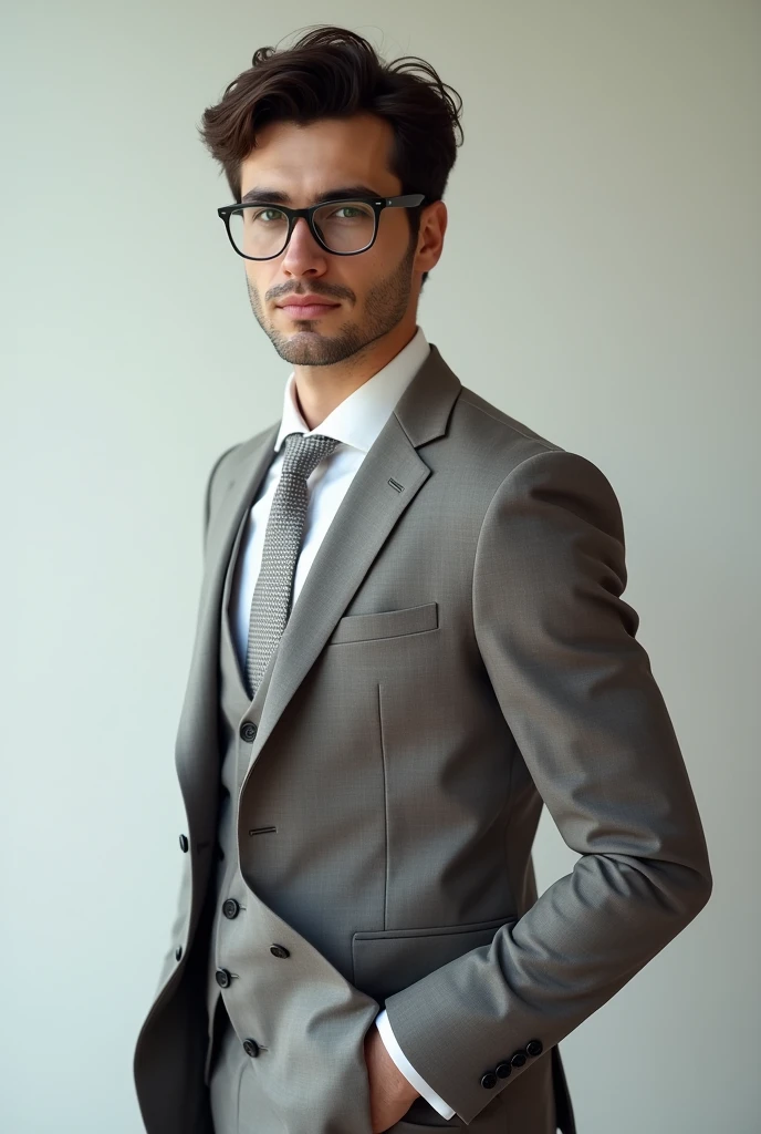 a man in a suit, wavy and tidy hair, with black prescription glasses, young man