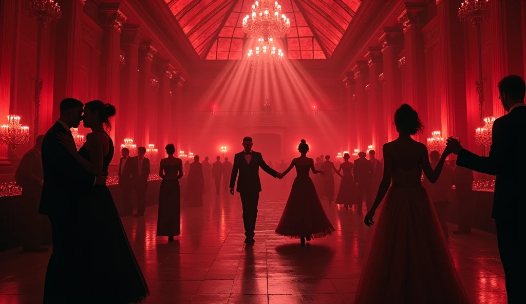 huge, a very large gothic ballroom, filled with red light, with high glass ceilings. The hall is scary and gloomy, inside him dance the dark and gloomy, but beautiful, People. Women in long, revealing and elegant dresses, and the men in formal suits. There are small round tables at the edges., with an abundance of glasses of wine. Many people dance the waltz in pairs on a large dance floor in the middle. There is a beautiful balcony at the very end of the hall., On it stands the host of the ball, shrouded in darkness and watching the celebration. Некоторые People держат в руках бокалы. Need more space for dancing