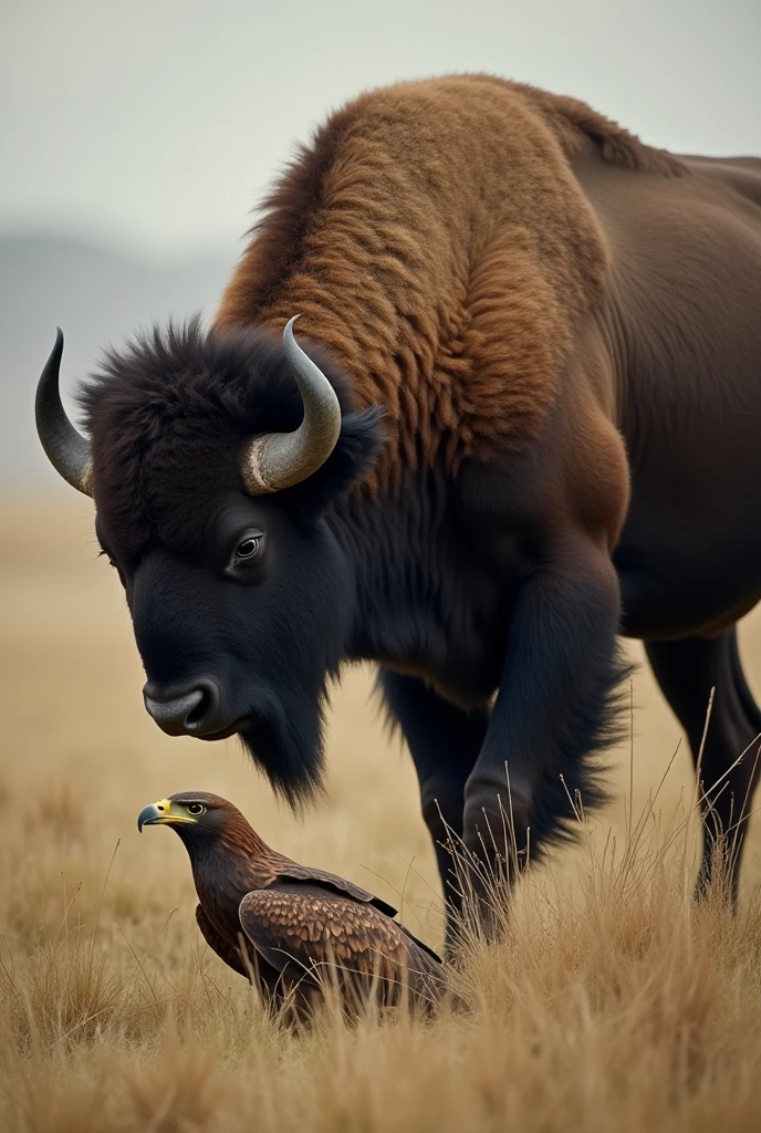 The buffalo trampled the hawk to death.