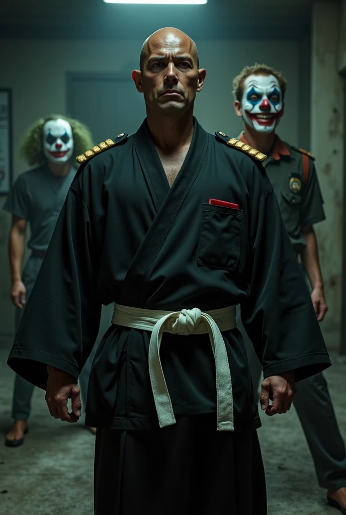 A military police officer in a black kimono and white belt finishing off a criminal in clown makeup with jiu-jitsu

