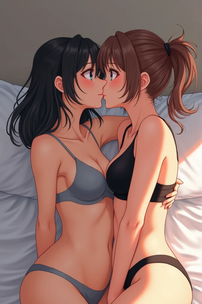 A white anime woman with medium length brown hair, and in a gray bra, sitting on a bed kissing the neck of her brown girlfriend in a black bra, brown eyes and medium length black hair tied up