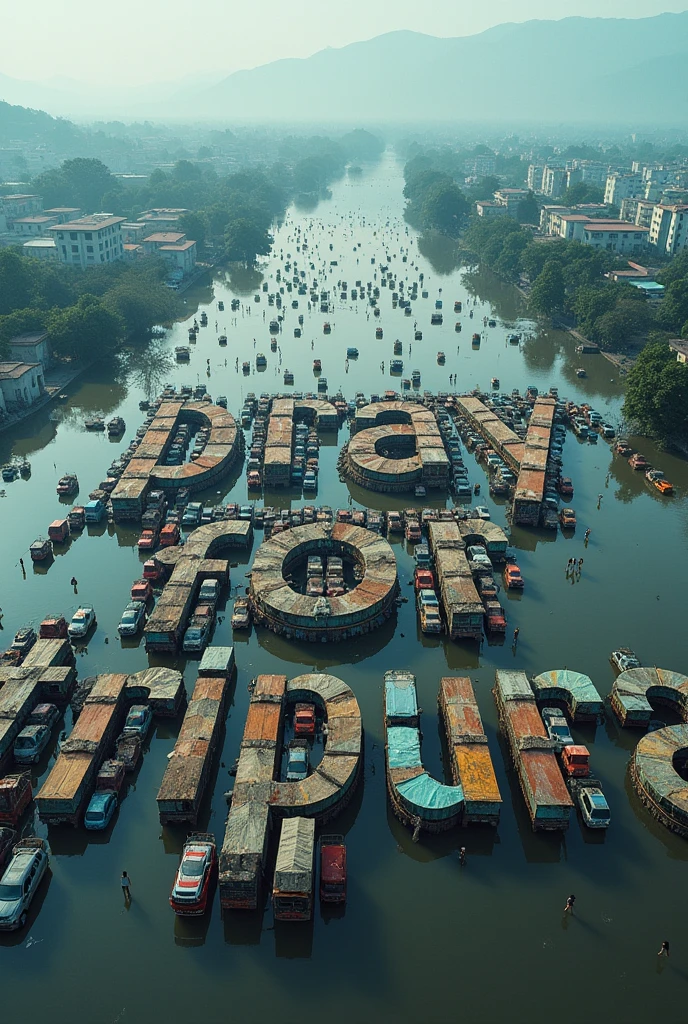 Create an aerial view of a vast flooded city with buildings and mountains in the distance. The foreground is filled with countless vehicles and tents arranged in a grid pattern, forming large letters that spell out 'PRAY FOR TRIPURA'. The scene should convey a sense of urgency and focus, with the letters made up of the vehicles and tents standing out prominently against the FLOODED background.