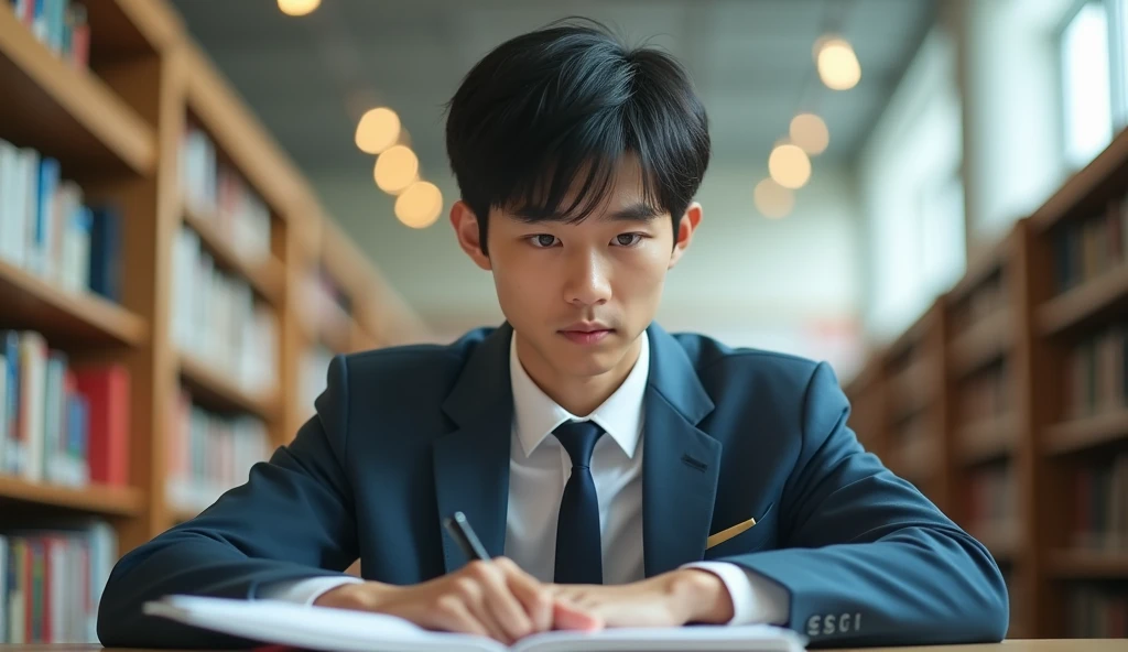 A Japanese male college student with short hair and stylish clothes is studying with a serious expression,Excited, Photo of your face, In a beautiful library, with a natural look, With a slightly tired look, tilt your face a little, Diagonal orientation, Average face