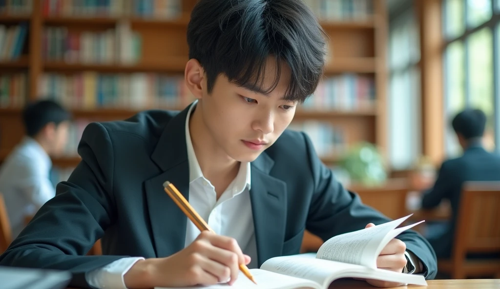 A Japanese male college student with short hair and stylish clothes is studying with a serious expression,Excited, Photo of your face, In a beautiful library, with a natural look, With a slightly tired look, tilt your face a little, Diagonal orientation, Average face