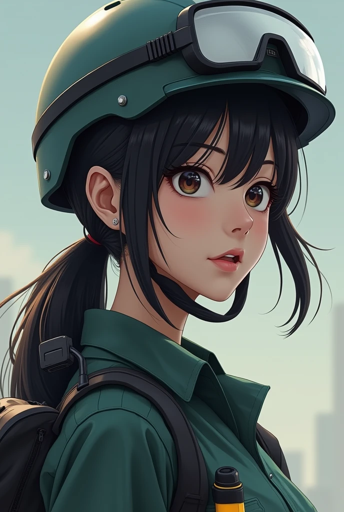 In Japan、people々A beautiful 20-year-old girl calls for disaster prevention measures。Disaster prevention specialist、High knowledge of disaster prevention。Wearing a helmet。Have a light。Hair is semi-long and in a ponytail。She has large, beautiful double eyelids, but her gaze is sharp.。The lips are slightly thick and glossy.。