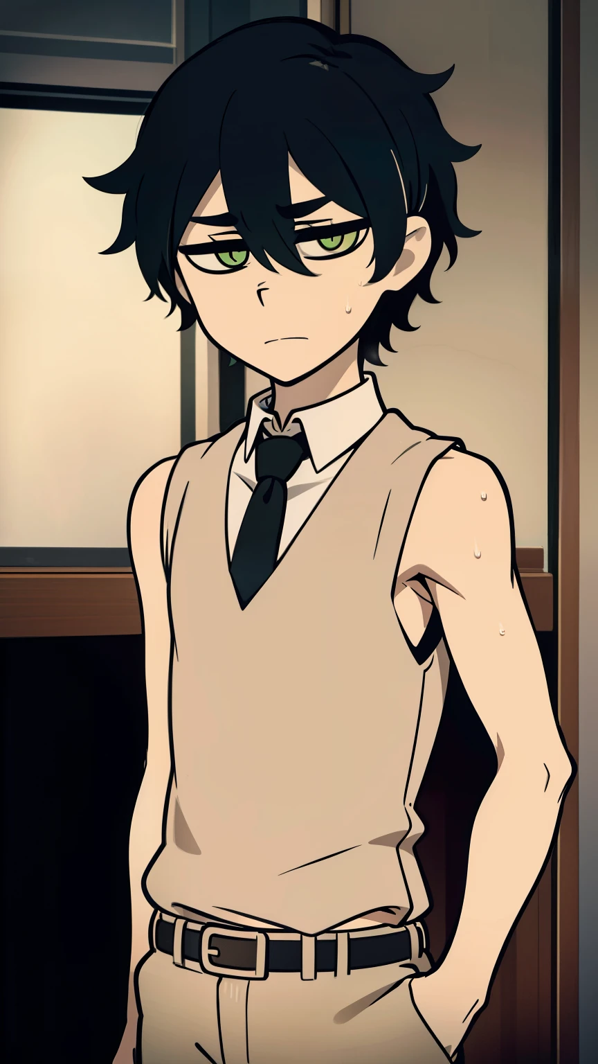 Highres, Masterpiece, Best quality at best,Best Quality,hight quality, hight detailed, Anime style, 1boy, Shota, young boy, Solo person, Young andy graves, hair between eyes, closed mouth,black hair, green eyes, Slim body, messy hair, bright pupils, look at viewer,Sleeveless vest, Bare shoulder, Tie, belt, waiter, cafe, Flat chest, upper body, simple beckground, (very young boy), (very small and short body), simple beckground, hansome boy, Uhd, bokeh, sweat