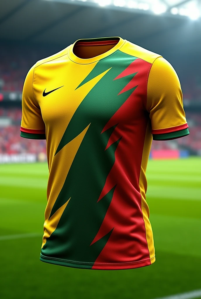 Football shirt with a new design that does not exist, using only yellow colors, green and red so that the design is clear on the front and back