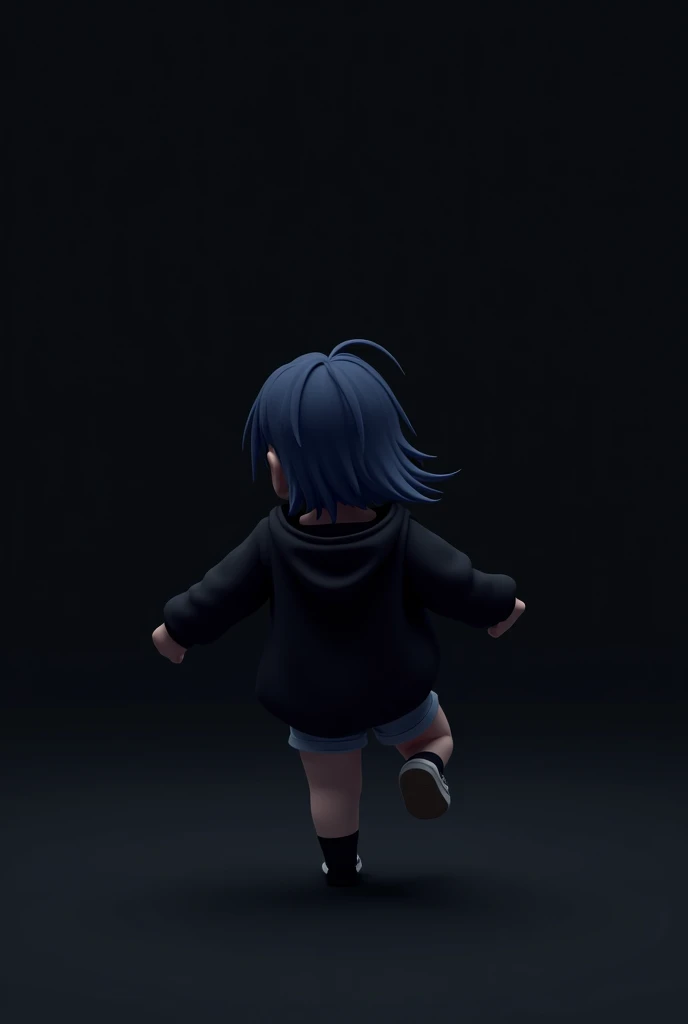 Blank Black background , involved Anime girl , dark blue hair , modern day mullet hair style , black hoodie , chibi , faces the opposite direction , runs
