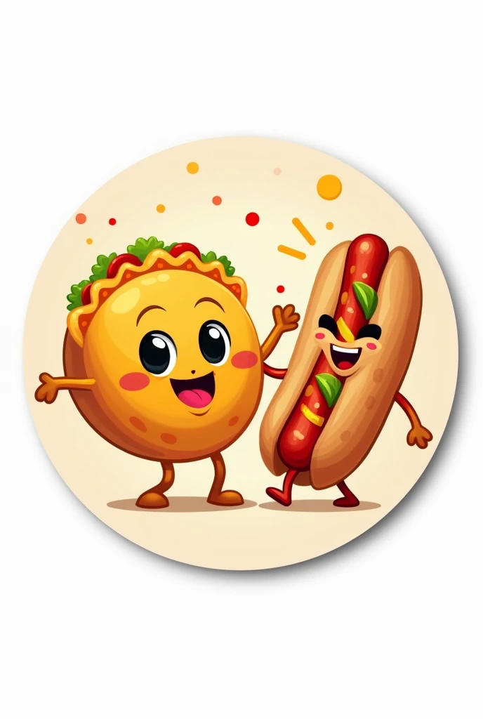 I WANT A ROUND STICKER WITH A WHITE BACKGROUND: WITH A CIRCULAR ENCHILADA GUMMY AND A HOT DOG BOTH ANIMATED